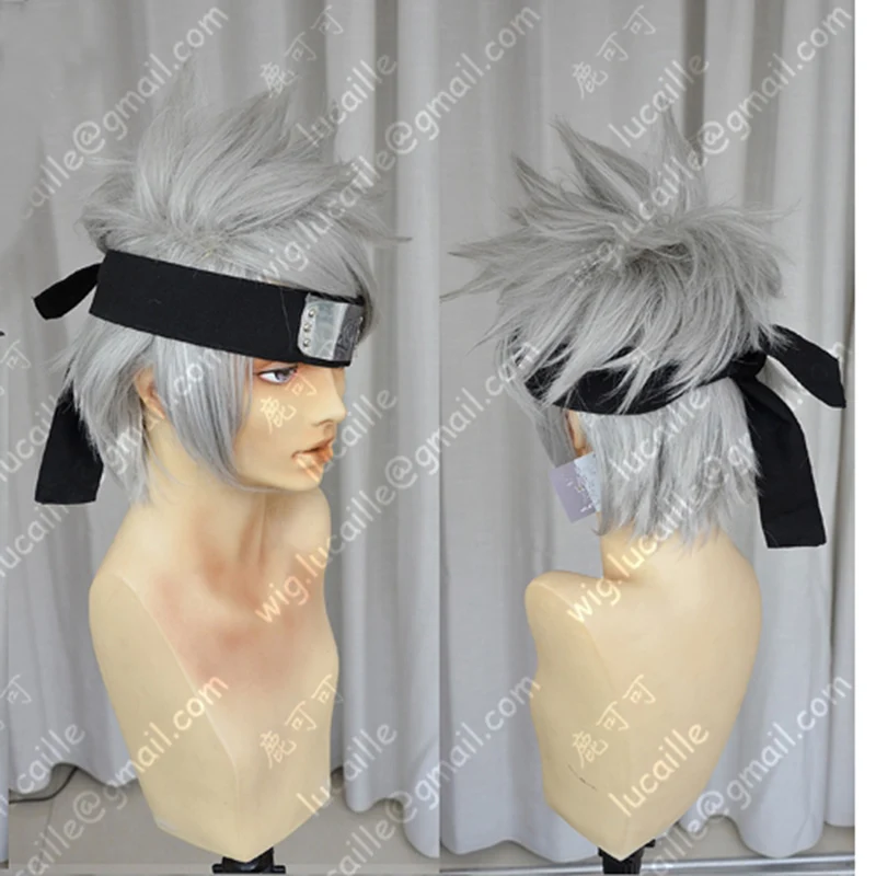 Hatake Kakashi Short Silver Gray Color Hair Heat Resistant Cos Wigs +  Headband + Mask