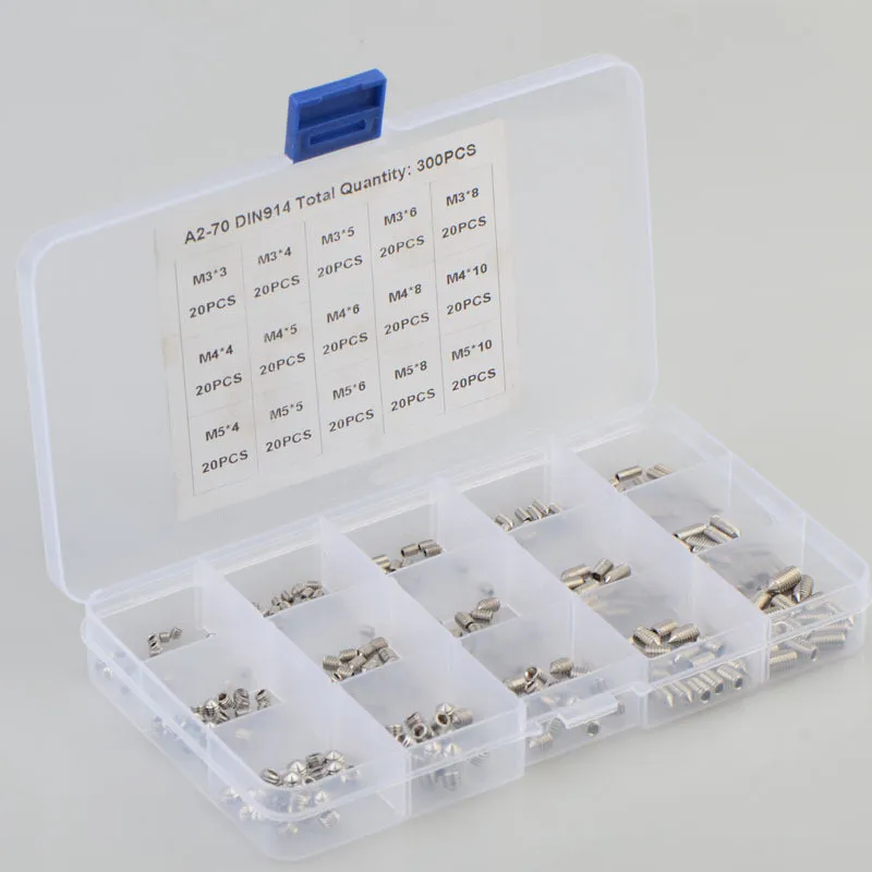 300pcs Hex Hexagon Socket Cone Point Set Screw Assortment Kit  Stainless Steel 304 DIN914 M3 M4 M5 Headless Screw Set