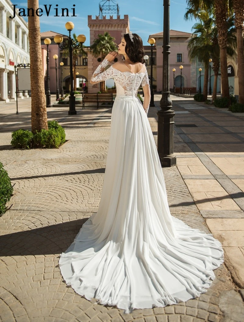 JaneVini Elegante Weiße Hochzeit Kleider mit Langen Ärmeln EINE Linie Spitze Appliques Perlen Chiffon Side Split Plus Größe Brautkleider