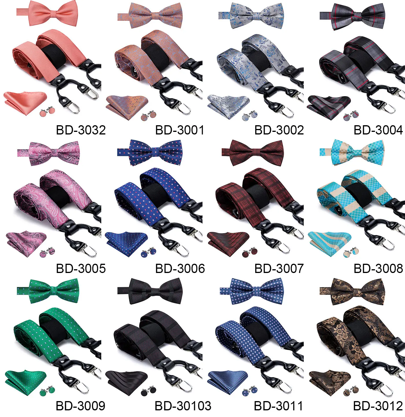 Hi-Tie 100% ผ้าไหมผู้ใหญ่สีแดงดอกไม้งานแต่งงานSuspender Bow Tieชุดวินเทจแฟชั่นผู้ชายหนังโลหะ 6 คลิปSuspenderวงเล็บ