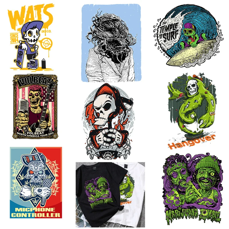 Punk Skull Graffiti Iron-on Transfers For Clothing Anime Stripes Heat-sensitive Patches Appliques Of One Heat Transfer Stickers