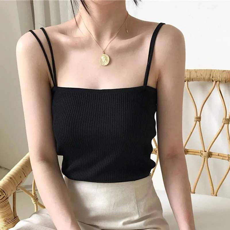 Fashion Sexy Knitted Top Women Sexy Sleeveless Vest T-Shirt Ladies Slim Strap Short Tops Camisole Sleeveless Basic Tanks