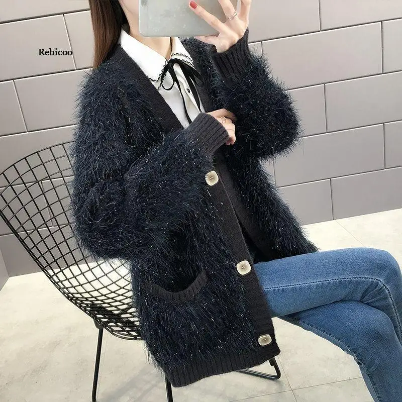 Women\'s Spring New V-Neck Knit Cardigan Imitation Mink Fleece Loose Long-Haired Sweater Jacket