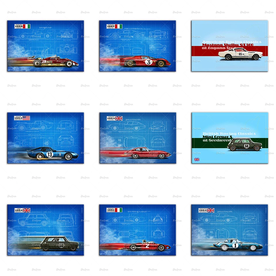 GT40 Le Mans 1966,24 Hours 917 Le Mans 1970, Race Car Circuit Poster And Prints Wall Art Canvas Painting For Living Room Decor