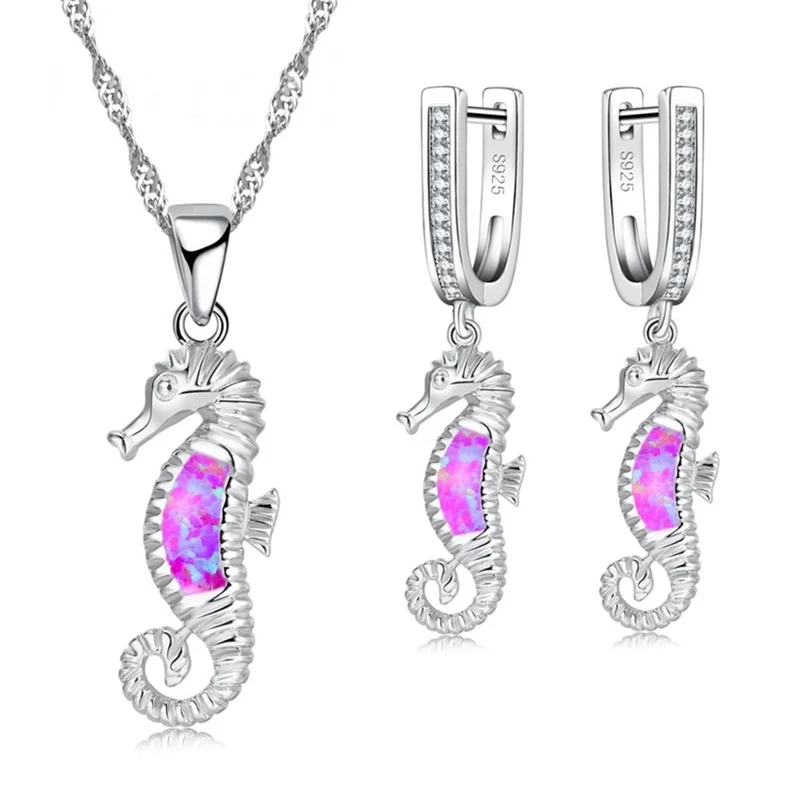 Ladies Jewelry Set Cute Inlaid Seahorse Pendant For Women Wedding Accessories Girl Necklace Earring Birthday Gift