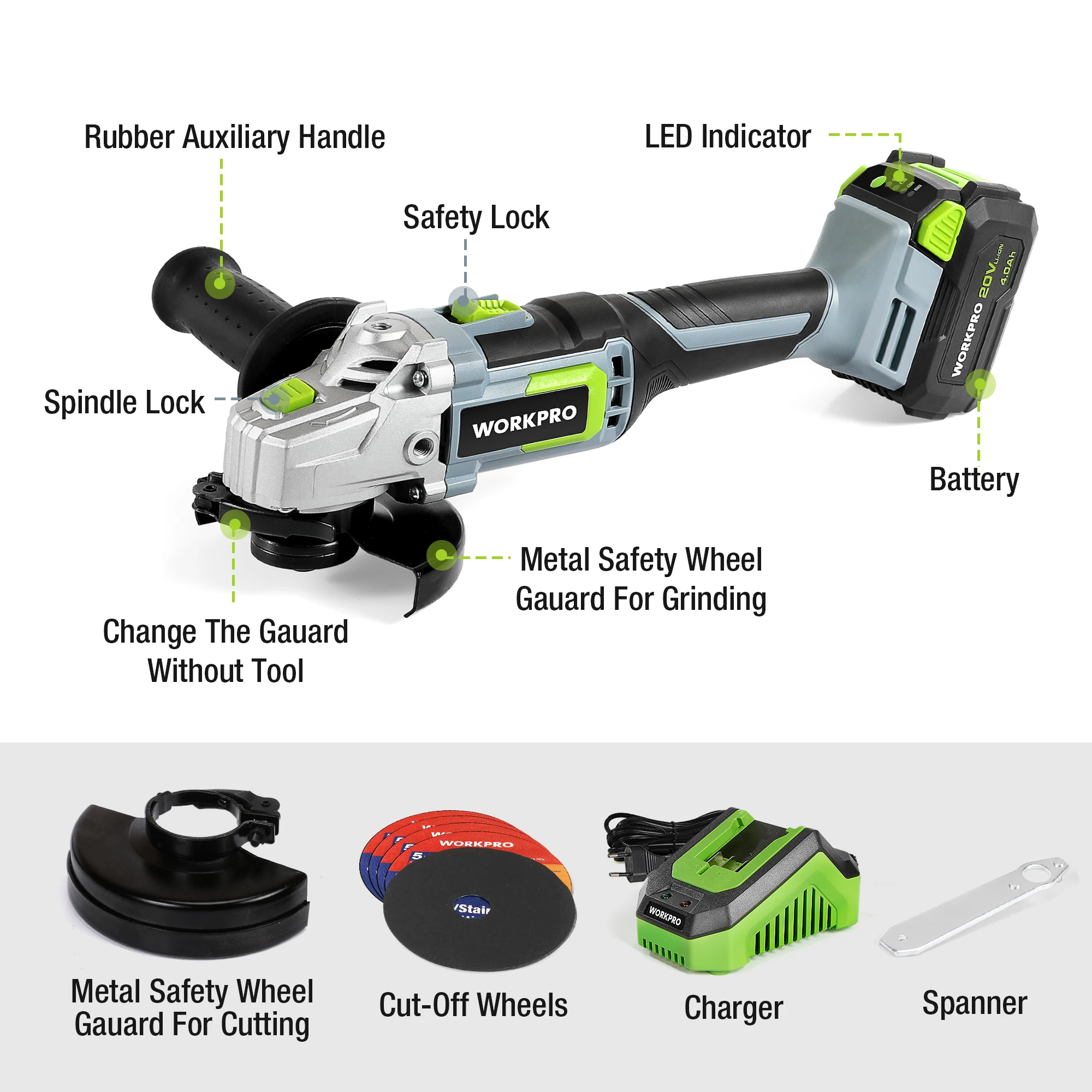 WORKPRO 20V Lithium-ion Cordless Angle Grinder 125mm With Battery and Charger Included For Cutting  Polishing and Grinding