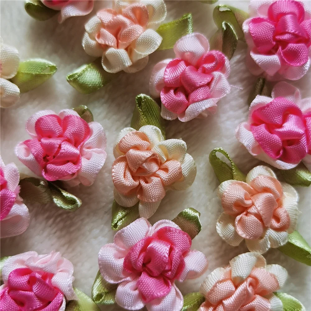 10pcs Mix Color Small Rose Flowers Mini Handmade Satin Ribbon Appliques Head Wedding Scrapbooking Decoration Clothes Accessories