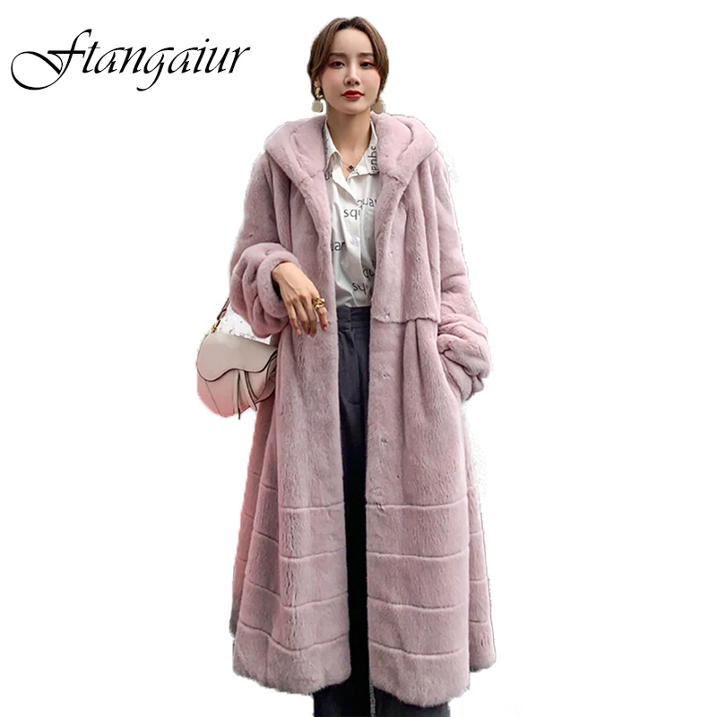 Ftangaiur  Winter Import Velvet Mink Coat Full Sleeve With Fur Hood Loss Natural Fur Coat Women's X-Long Real Mink Fur Coats