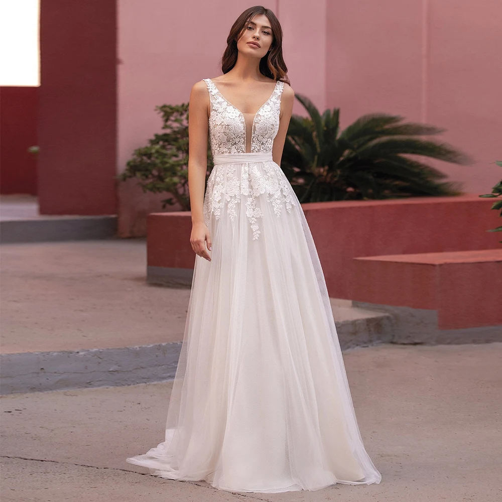 

Classic Tulle Wedding Dress with Appliques Ladies Sexy V Neck Backless Court Train A Line Bridal Gowns Vestido De Novia 2023