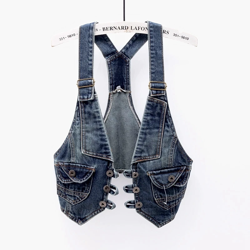 Korean Slim Sling Denim Vest Women Waistcoat 2024 Summer Vintage Blue Short Sleeveless Jacket Coat Light Blue Jeans Vest Female