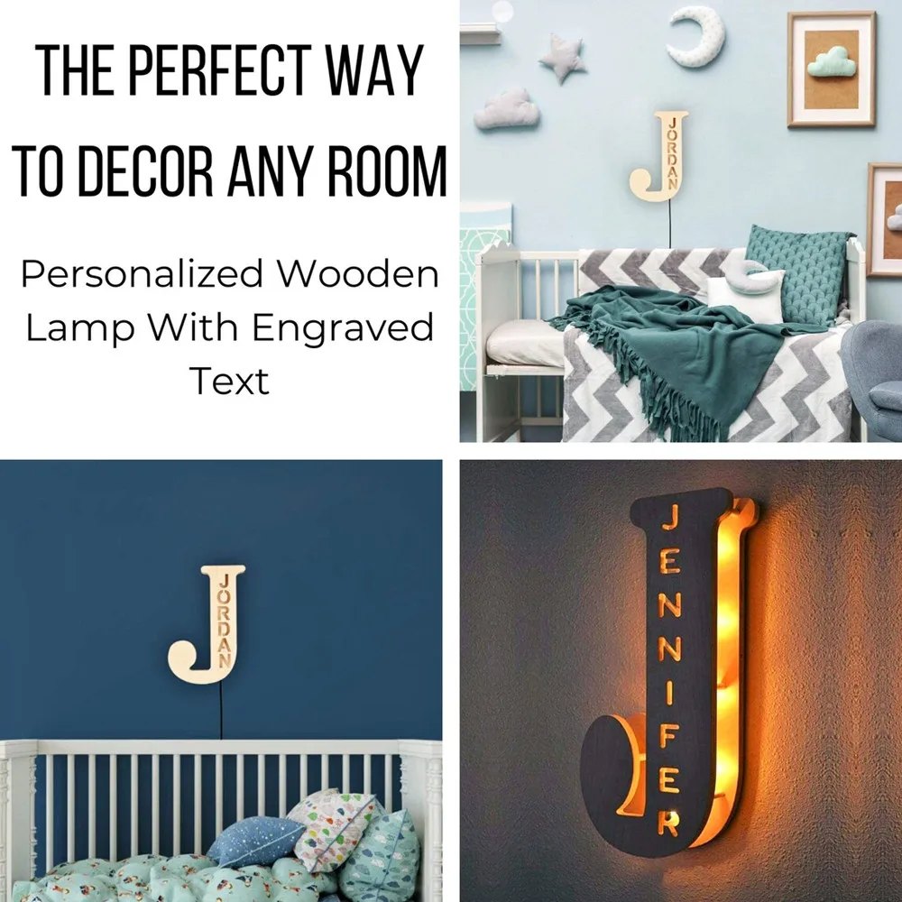 Personalized LED Wall Lamp 26 A-Z Letters Alphabet With Custom Name Wood Nightlights for Children Kids Baby Bedroom Home Decor