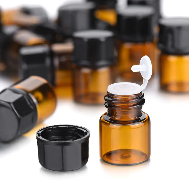 100pcs 1ml 2ml 3ml 5ml Drams Amber Glass Bottle With Plastic Lid Insert Essential Oil Glass Vials Perfume Sample Test Bottle