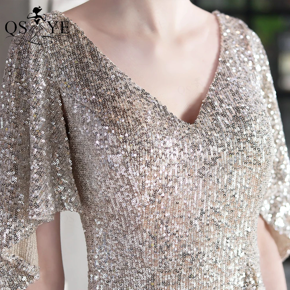 Batted Sleeves Silver Prom Dress Sequin Short Evening Gown Ruffles V Neck Party Formal Gown Fit Sheath Women Short Dress Vestido