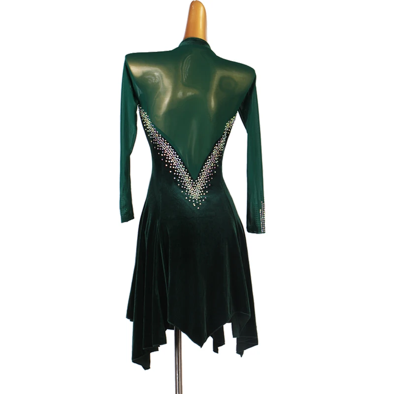 Custom Split Strass Strass Latin Dance Praktijk Jurk Kleding Groene Franjes High-End Wedstrijd Performance Kostuums