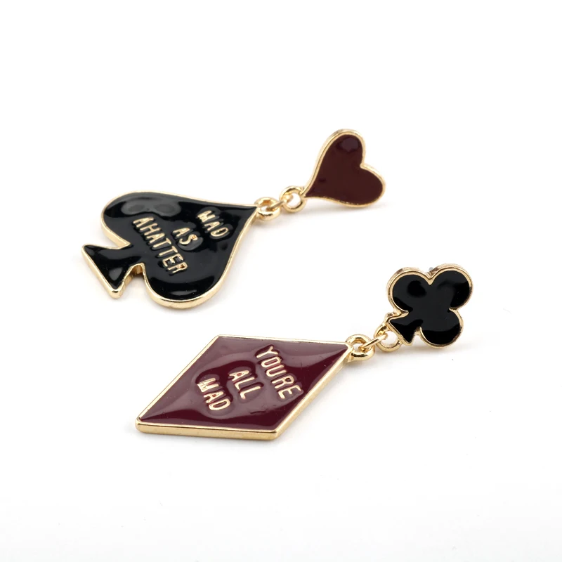 Alice In Wonderland Dangle Earrings Cute Love Heart-shaped Poker Card Asymmetrical Earring Fashion Jewelry Girls Kids Fans Gift