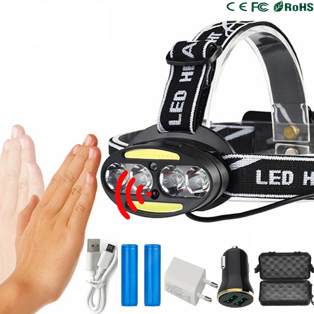 D2 Headlamp High Lumens LED Headlight Torch Outdoor Flashlight Inductive Motion Sensor 4T6 2COB Head Lamp Camping Fishing Light