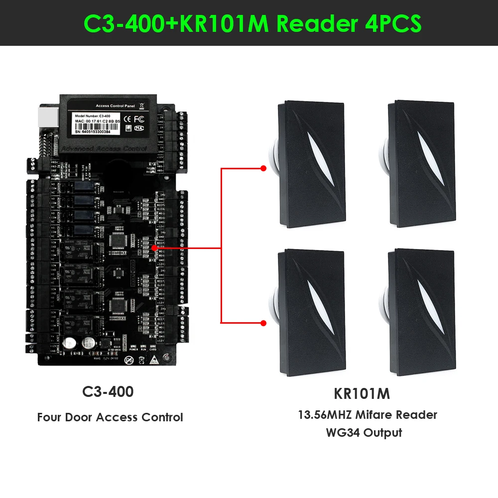 Porta Acesso Controle Wiegand Card Reader Kit, controlador de acesso, C3-100, C3-200, C3-400, RFID IC, leitor de cartão de identificação, KR101E, KR101M