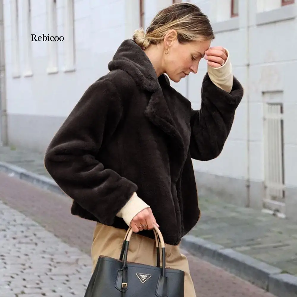 Ladies Casual Teddy Coat Winter Fleece Warm Thick Faux Fur Jacket Coat Women Pockets Plush Overcoat Outwear s