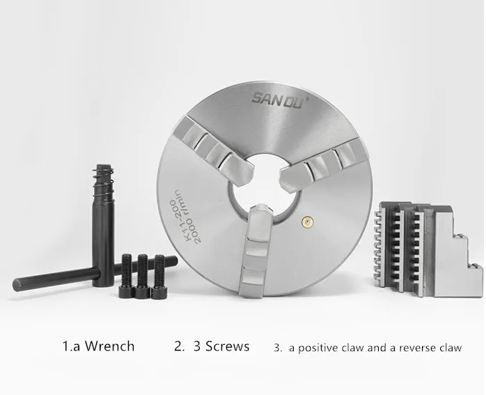 SAN OU K11- 80/K11- 100/K11- 125 Portabrocas de torno de 3 mordazas 80 mm/100 mm/125 mm/una llave, 3 tornillos/una garra positiva y una garra inversa