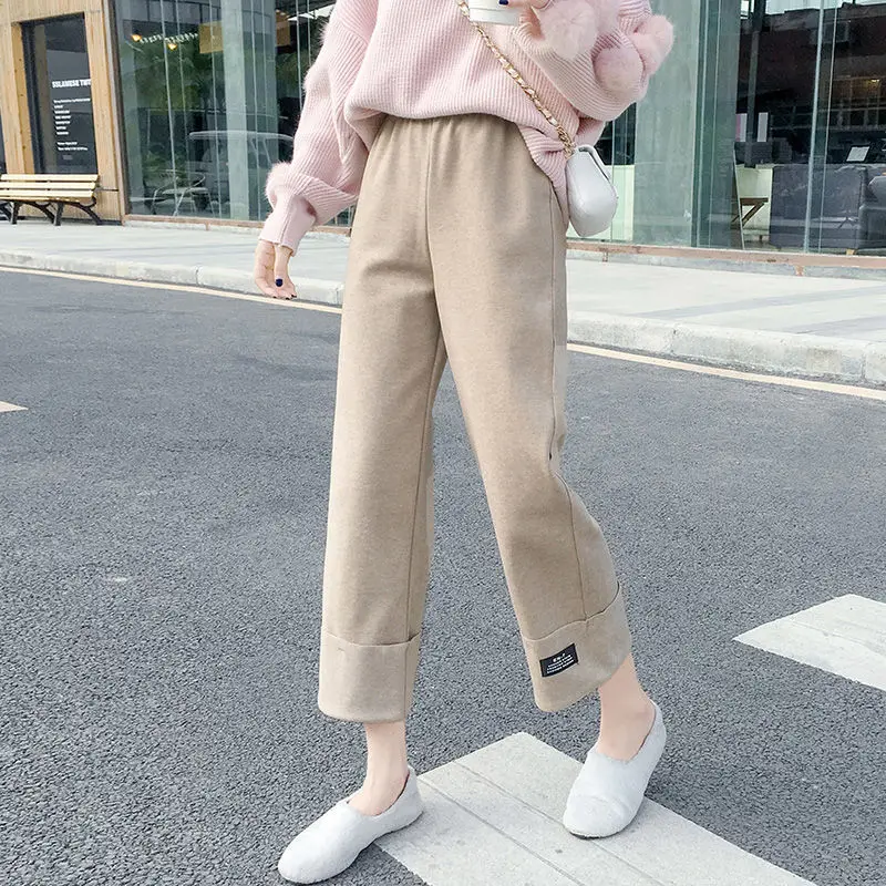 Pantaloni Donna Studentesse di lana femminile Ulzzang Pantaloni larghi a gamba larga Vita alta elastica All-match Più spesso Slouchy Jean Chic Morbido