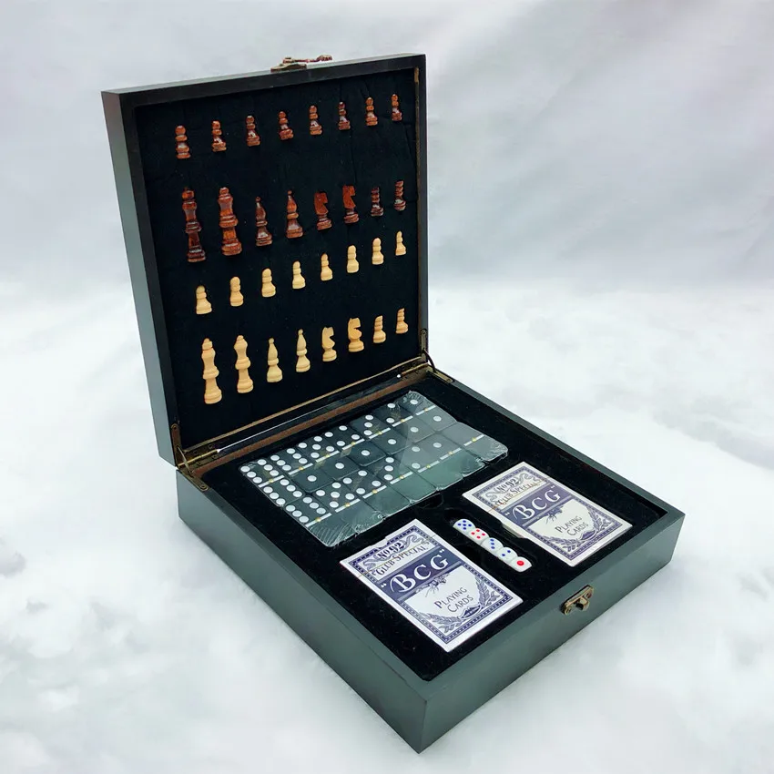 New Wooden Chess Set Folding Dice Domino Poker 32 Chess Pieces Internal Storage Portable Travel Board Game Set for Children Kid