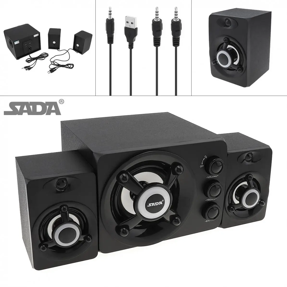 SADA D-208 2.1 Black Mini 3W Wooden 3D Surround Sound Subwoofer Music USB Computer Speaker for Desktop TV PC Smartphone