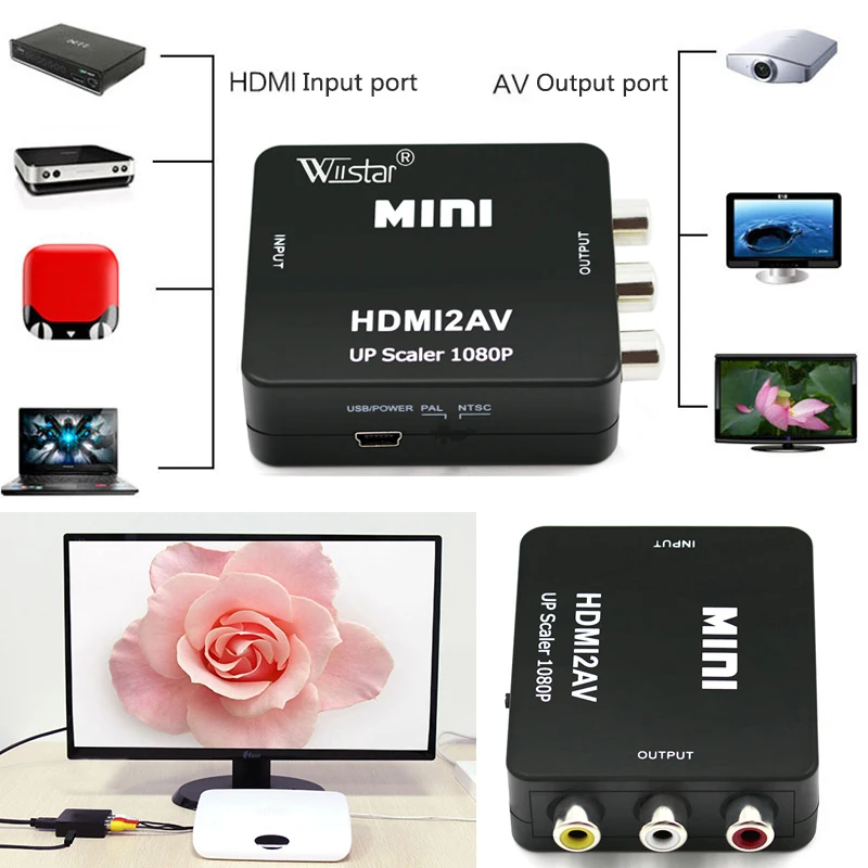 HDMI TO AV Scaler Adapter HD Video Composite Converter Box HDMI to RCA AV/CVSB L/R Video 1080P Mini HDMI2AV Support NTSC PAL