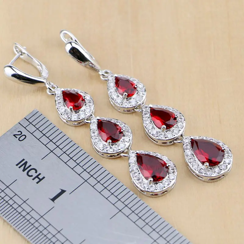 Wasser Tropfen Silber 925 Schmuck Red Rubin Weiß Topaz Schmuck Sets Frauen Lange Ohrringe/Anhänger/Halskette/Ringe/armband Dropshipping