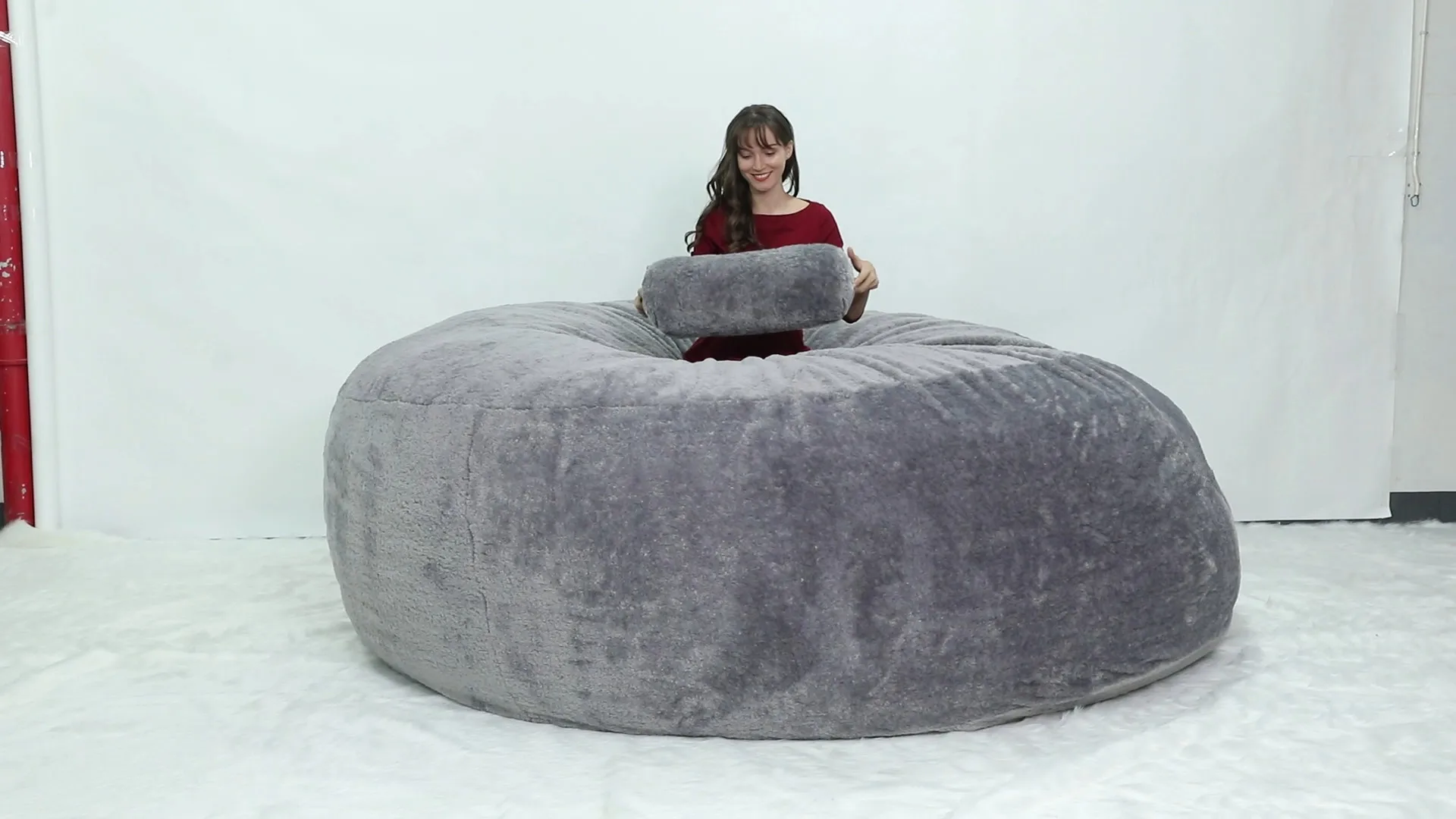 FOAM SAC Custom sherpa light grey oversize 9feet round faux fur large bean bag chair sofa bed xxxl