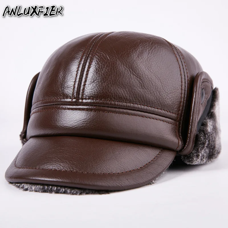 B-7195 New 100% Genuine Leather Hat Men Baseball Cap Men's Real Leather Adult Ear Protective Adjustable Warm Hats