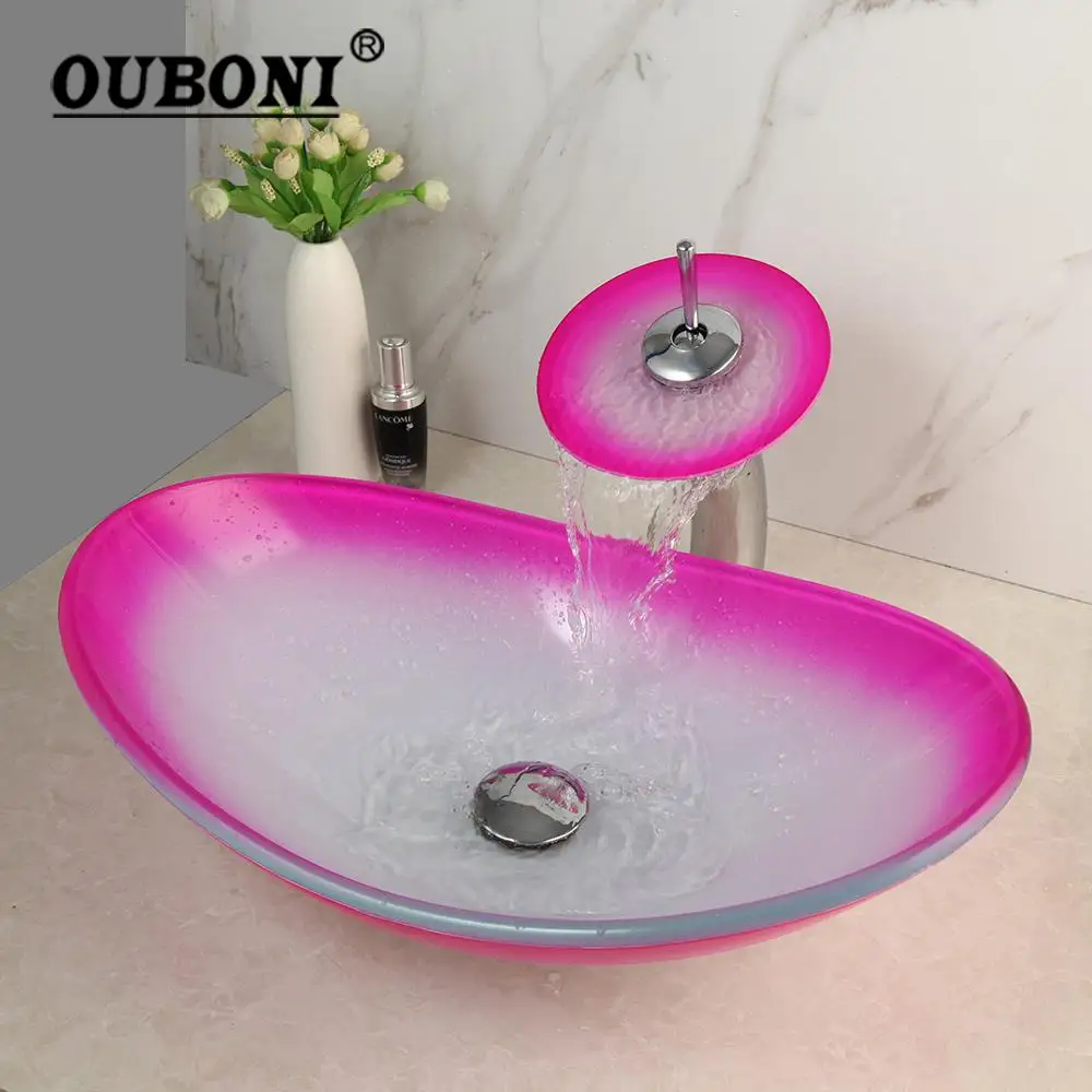 OUBONI Pink Flower Bathroom Sink Artistic Tempered Glass Vessel Vanity Hand Paint Countertop Bowl Tempered Glass Basin Tap Set