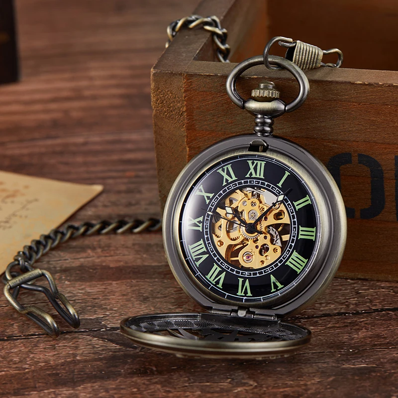 Fashion Unique Design Steampunk Skeleton Mechanical Pocket Watch Men Antique Luxury Brand Necklace Pocket & Fob Watches Chain Ma