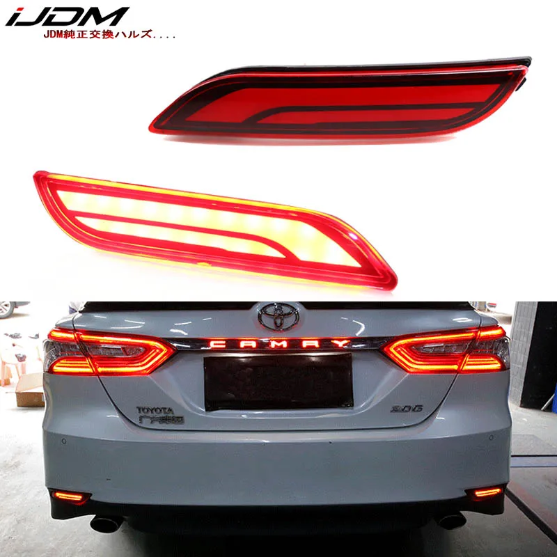 Optyczne światła odblaskowe LED iJDM 3D do Toyoty Camry z 2018 roku, działające jako tylne światła przeciwmgielne i kierunkowskazy