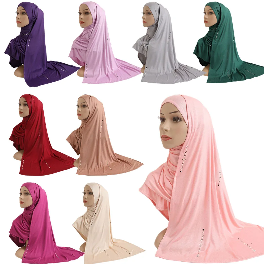 

Women Cotton Jersey Muslim Long Scarf with Rhinestones Modal Headscarf Islamic Hijab Shawl Arabic Rectangular Headwrap Lady Wear