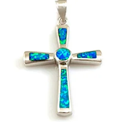 สไตล์โบราณเงินสเตอร์ลิง Blue Fire Opal Cross จี้สร้อยคอ