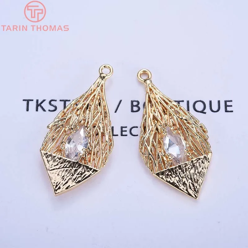 (581)4PCS 14x28MM 24K Gold Color Plated Brass with Zircon Drop Charms Pendants High Quality Diy Jewelry Accessories