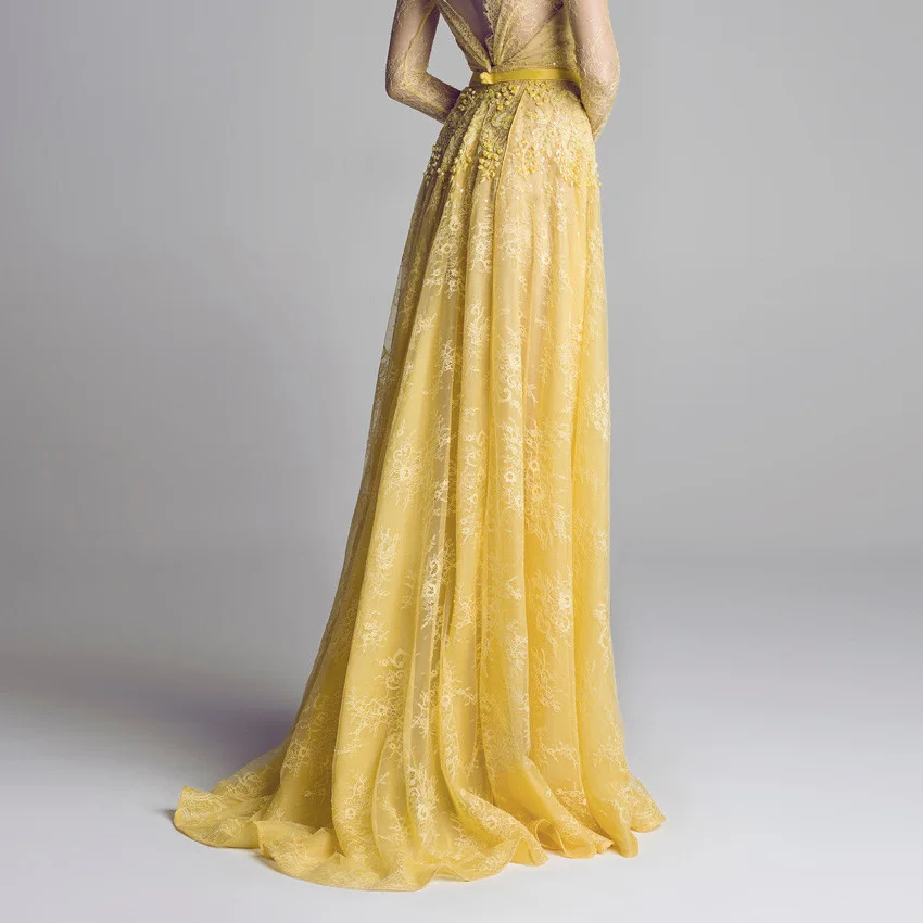 Robe De demoiselle d'honneur en dentelle jaune à manches longues, ligne A transparente, B3028