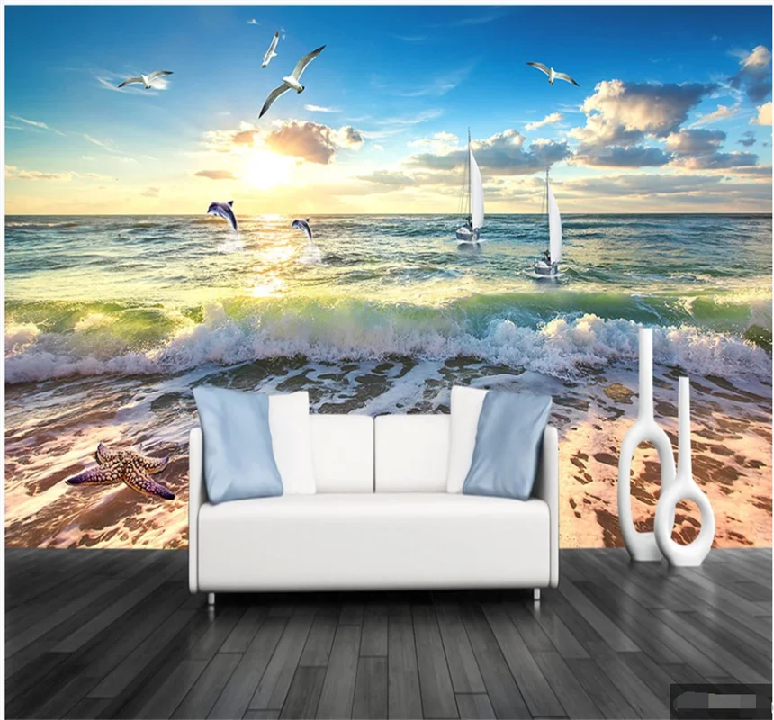 

Xuesu Simple atmosphere living room bedroom wallpaper beach wave landscape background wall custom mural 8D waterproof wall cloth