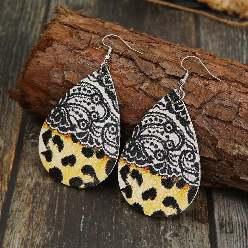 2021 New European and American Retro Old Pattern Yellow Bottom Leopard Print Hit Color Drop Leather Earrings for Women Wholesale