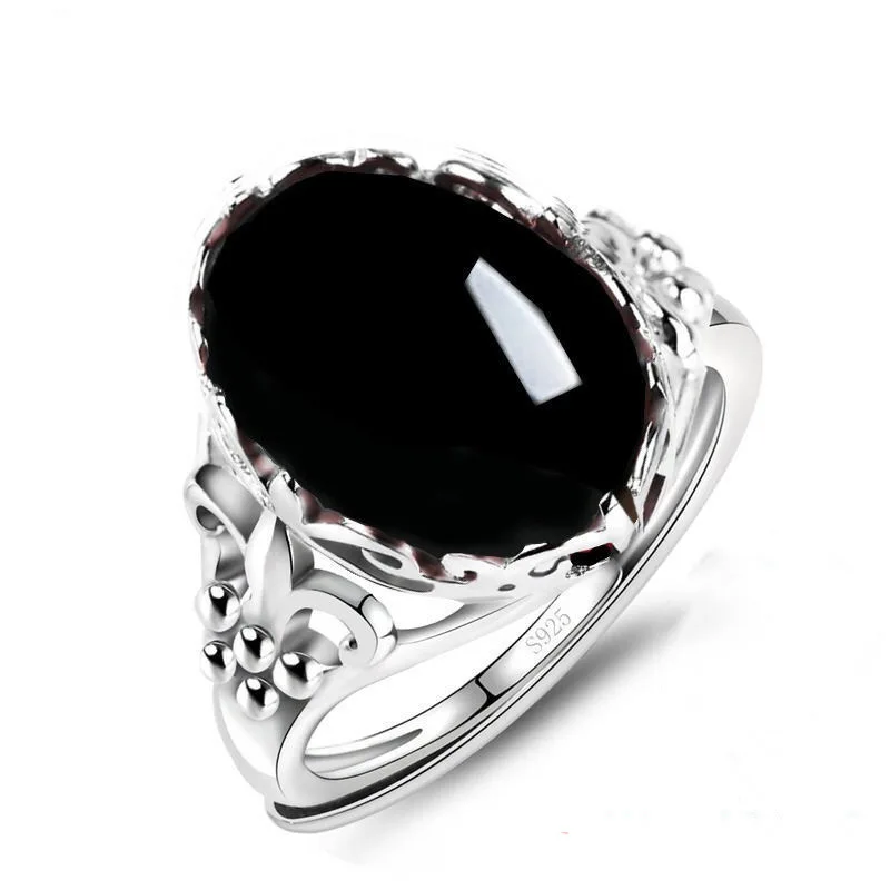 925 Silver Plated Natural Green Chalcedony Gemstone Ring Female Red Agate Atmosphere Fashion Open Ring Birthday Gift