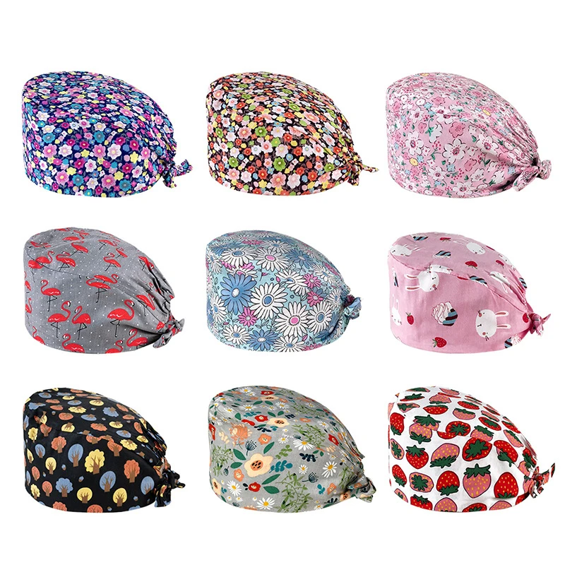 Multicolor Cartoon Flower Pet Printing Scrub Hat Beauty Salon Nursing Cap Laboratory Pet Shop Lab Work Fashion Scrub Cap