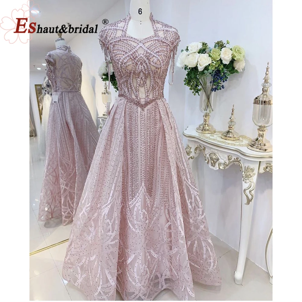 Elegant Dubai Lace Evening Night Dress for Women 2023 High Neck Sleeveless Aline Crystal Handmade Formal Wedding Prom Party Gown