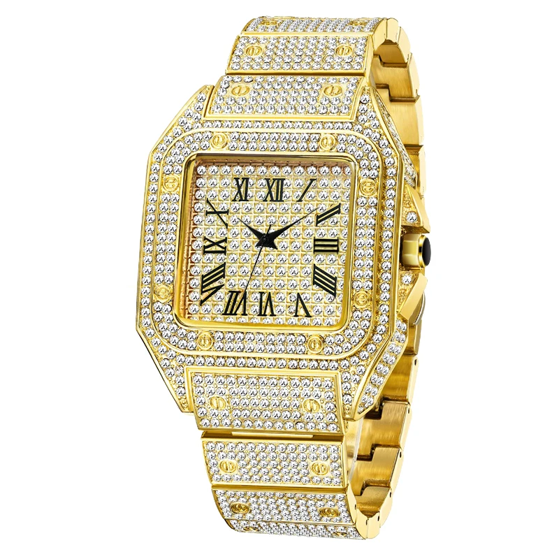 Rose Gold Watch Men Hip Hop Bling Iced Out Mens Watches Luxury Full CZ Fashion Quartz Wristwatch Square Waterproof reloj hombre