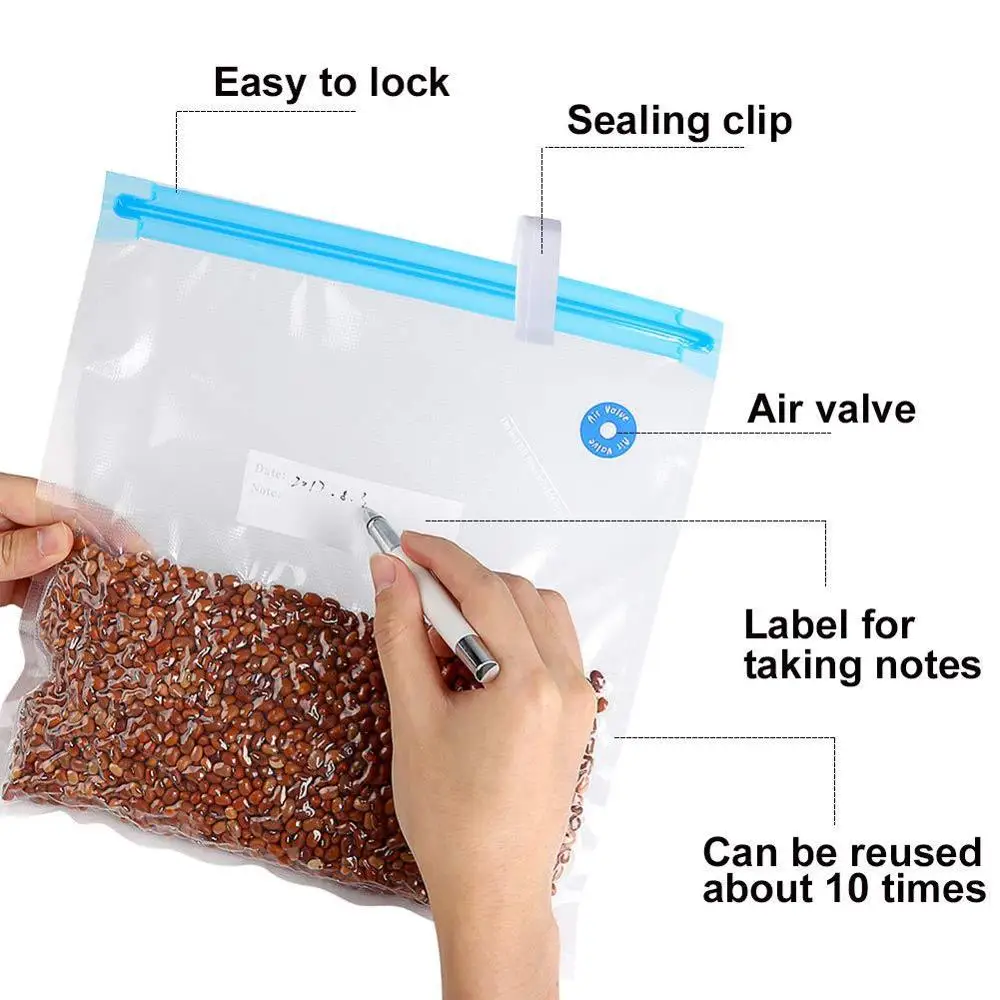 Cozinha Vacuum Bags for Vacuum Sealer, Máquina de selagem, Tipo Zipper, Reutilizáveis, Preservação de alimentos, Embalagem Bags, 10 Pcs
