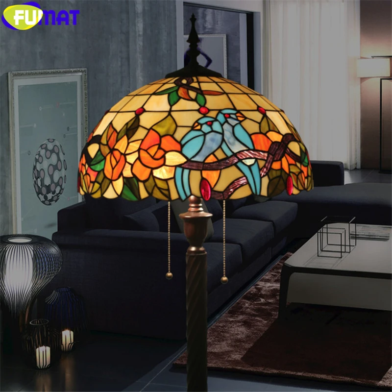 FUMAT Tiffany Floor Lamp Pink Rose LOVEBIRD Gemstone Stained Glass Lampshade Alloy Frame Light Handcraft Arts Home Decor 16 Inch