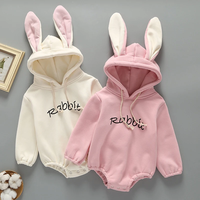 New Autumn Winter Newborn Infant Baby Romper Baby Girls Boys Rabbit\'s Ears Hooded Romper Baby Add Wool Upset Jumpsuit Clothes