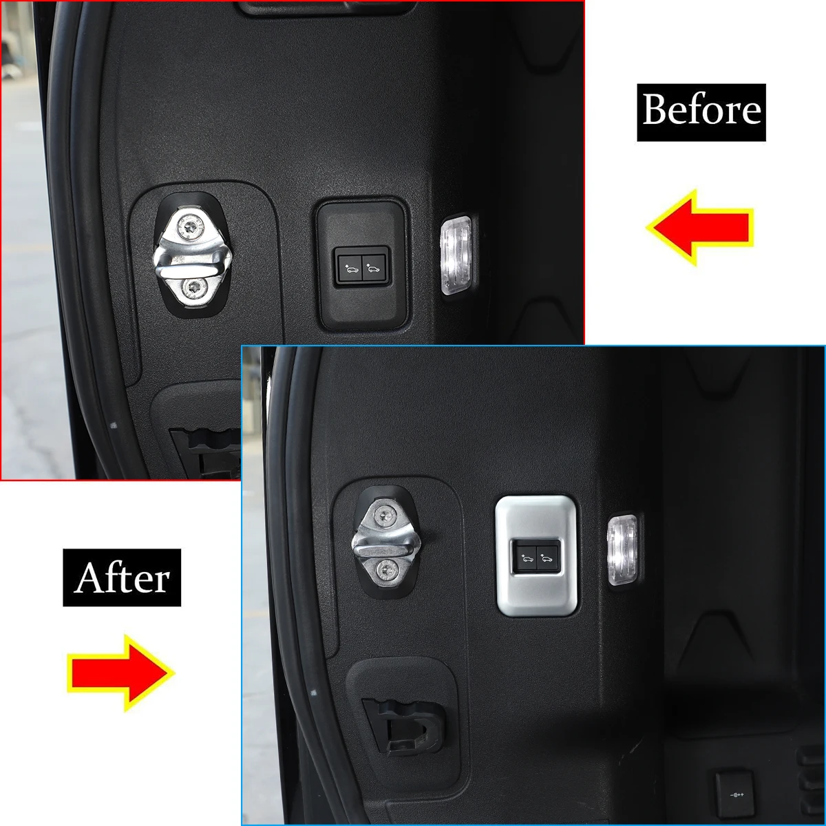 

1Pcs ABS Silver For Land Rover Defender 90 110 2020-2024 Car Trunk Height Adjustment Button Frame Sticker Car Accessories