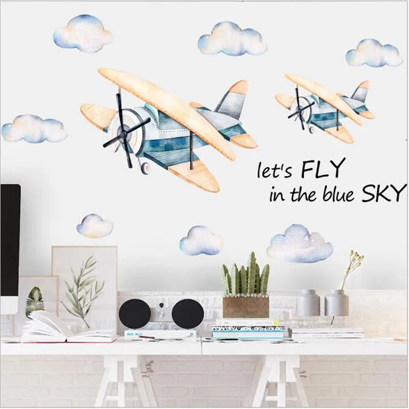 

Cartoon Cloud Airplane Wall Stickers On The Wall Kindergarten Stairwell Background Home Decoration Stickers For Boy‘’s Room