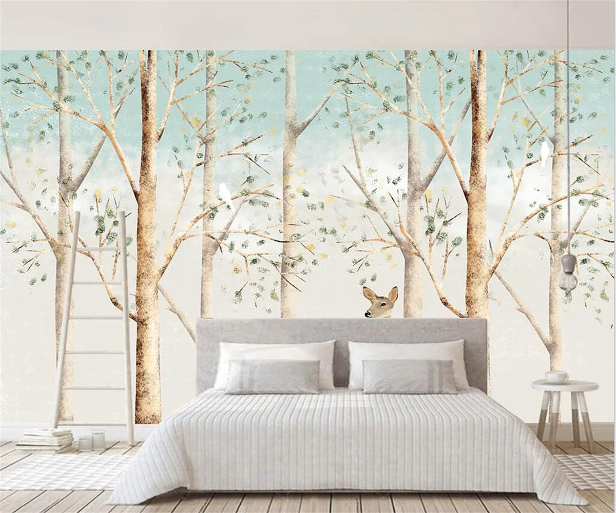 Customized children's room 3d wallpaper Nordic hand-painted elk woods modern TV background wall 3d wallpaper