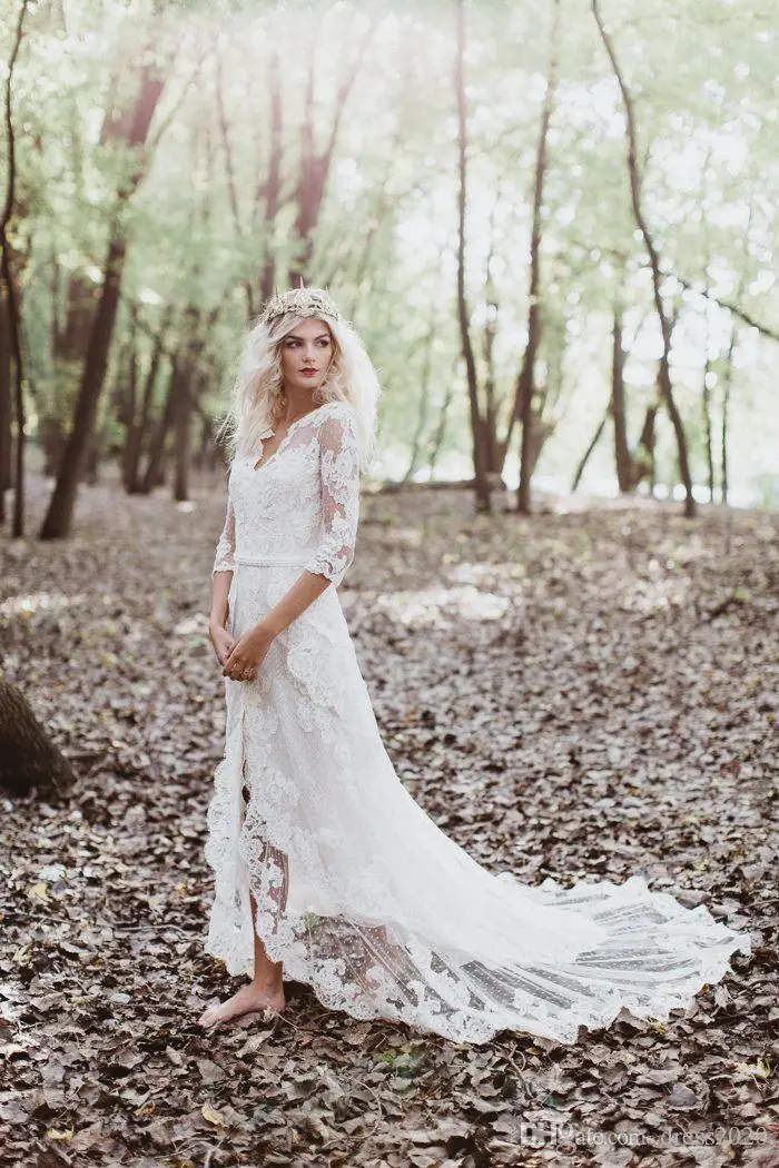 Gaun Pernikahan Pantai Bohemia Gaun Romantis Garis A Terpisah Depan Tanpa Punggung Seksi Vestido De Noiva Setengah Lengan Renda Gaun Pengantin